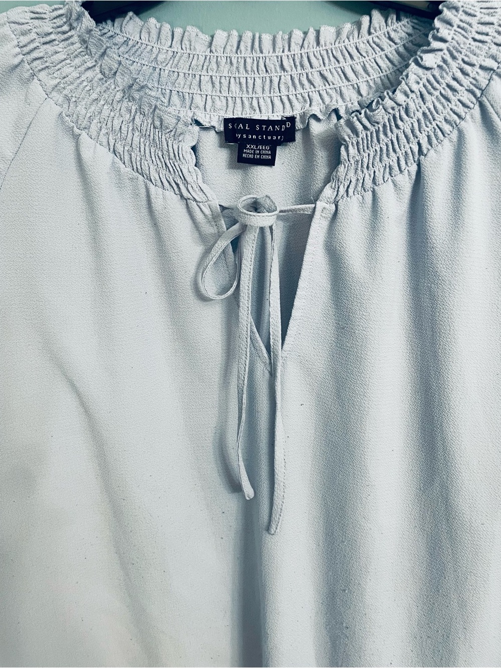 Smocked Neck Light Blue Peasant Blouse with Tie - Picture 2 of 6